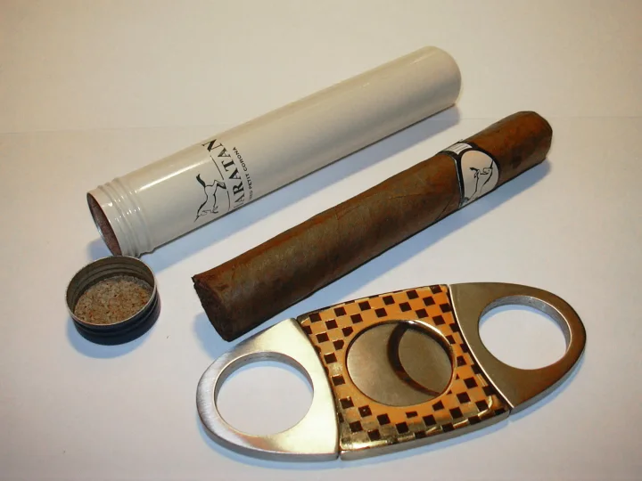 A cigar beside a cutter and an aluminium tube. The rounded head is at the top right.