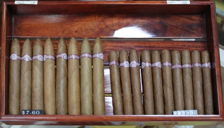 A tray of cigars: long ones with pointed heads on the left, straight-sided ones on the right.