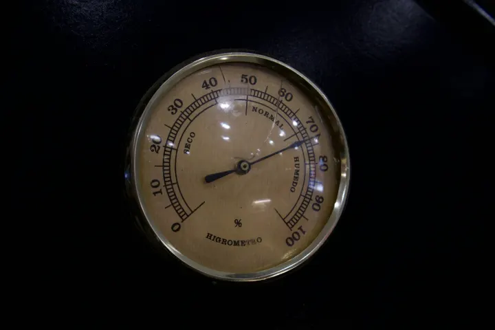 Close-up of a round analogue hygrometer dial reading relative humidity from 0 to 100%.