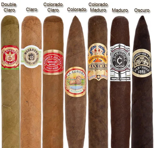 Seven cigars side by side, labelled from lightest to darkest: Double Claro, Claro, Colorado Claro, Colorado, Colorado Maduro, Maduro, Oscuro.