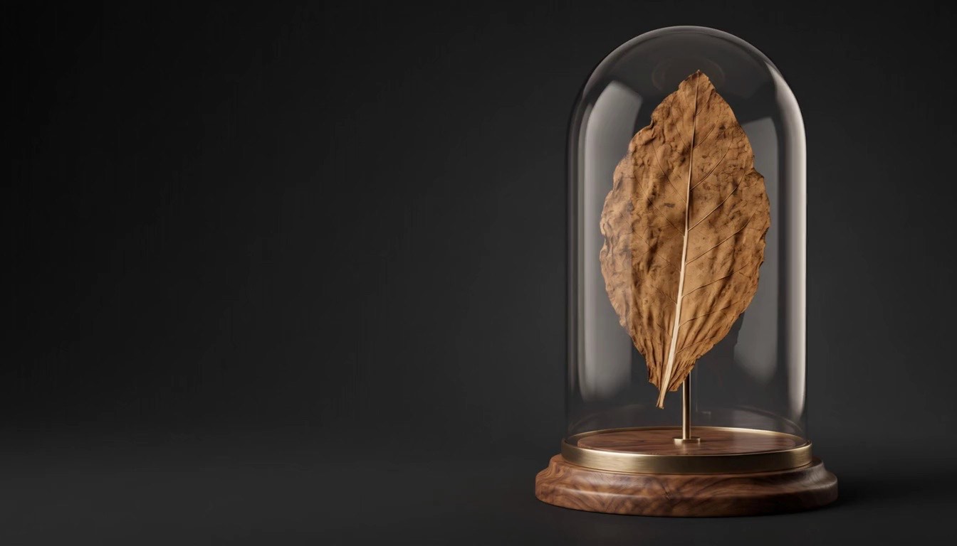 A cured tobacco leaf under a glass dome on a walnut base